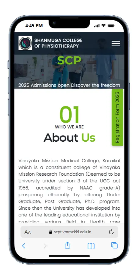 Mobile responsive physiotherapy college website design for SCPT